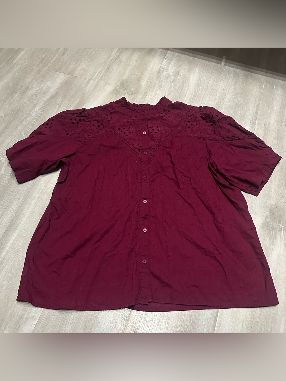 Ann Taylor Loft Burgundy Maroon Eyelet Button Down Cotton Ruffle Collar Shirt XL